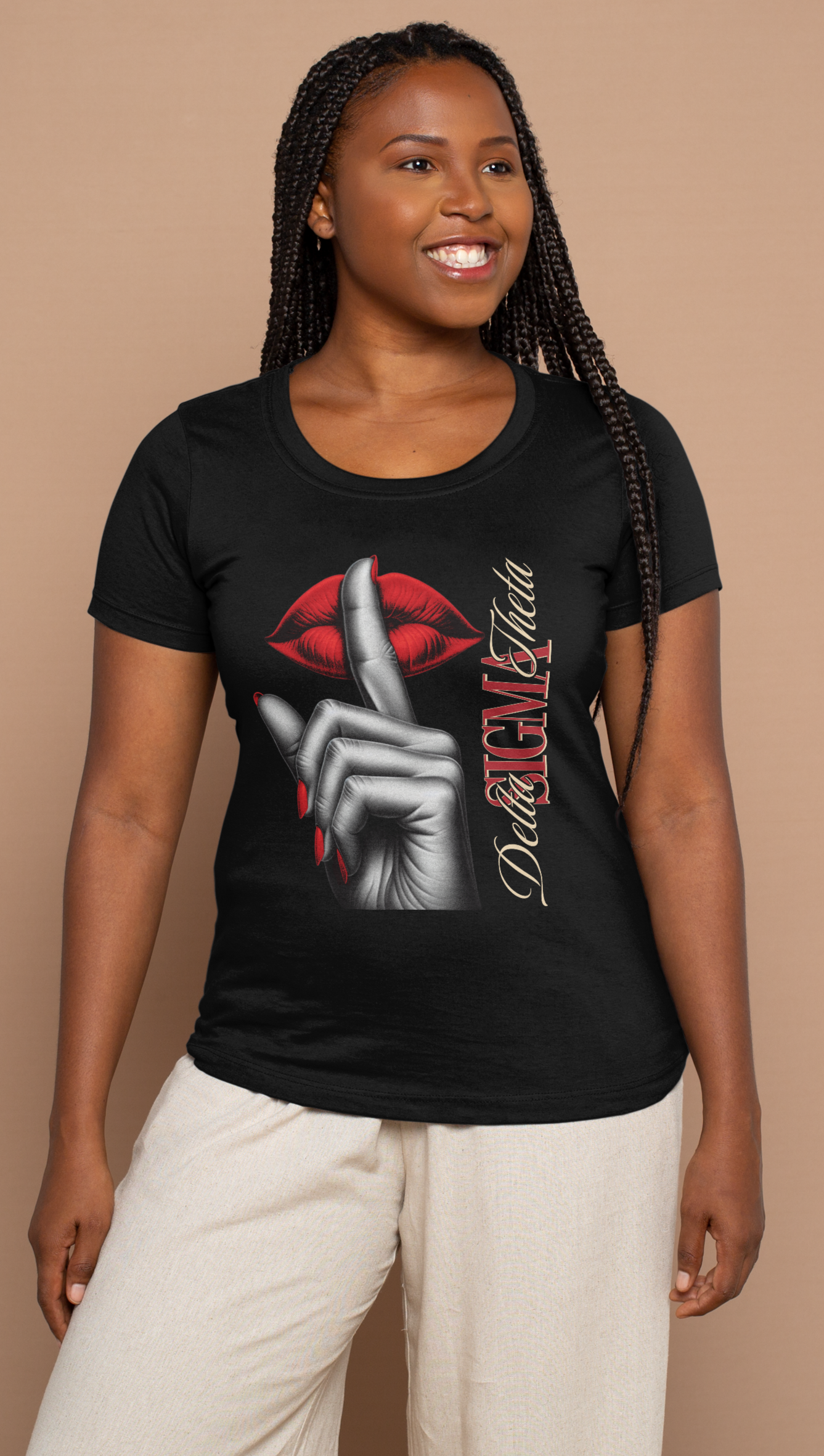 A Delta wearing a Delta Sigma Theta T-Shirt - Black Crimson and Cream